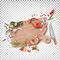 Top view cutting board with knife, vegetables, pieces of meat. Cooking. Flying cucumbers, onions, chili, peas, meat, mushrooms, ro