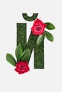 Top view of cyrillic letter made of grass with fresh green leaves and red roses isolated on white.