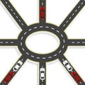 Top view of 3D perspective. Road interchange of eight roads and roundabouts. Cars. illustration