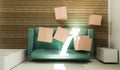 Top view 3D render illustration of stack of moving boxes laying on the green sofa in new real estate. Moving in/out background