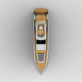Top view of a 3D rendering of a yacht isolated on a grey background.