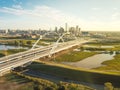 Top view Dallas landmark bridge Margaret McDermott on overflow Trinity River and downtown towers