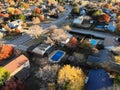 Top view Dallas, Texas suburban housing community in autumn sunset