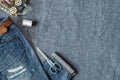 Top View of Damaged Jeans and Sewing Tools Royalty Free Stock Photo