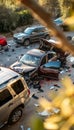 Top view of a dangerous car crash, displaying a severe accident scene on the road Royalty Free Stock Photo