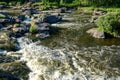 Top view of dangerous rapids on a mountain river fast streams