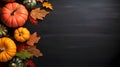 Top view of the dark background, autumn leaves on the left and colorful Pumpkins, banner with space for your own content