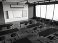 Top view of dark class room interior with table in row and empty screen, window Royalty Free Stock Photo