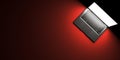Top view of dark gray aluminum case laptop concept with red desk 3D rendering
