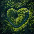Top view of dark green forest landscape wallpaper art. Aerial natural scene of pine trees and asphalt road form of a Royalty Free Stock Photo