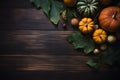 Halloween or Thanksgiving decor on dark wooden background. Generative AI