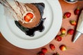 Top view of a decorated tiramisu cake with strawberries.