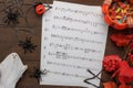 Top view of decorations Happy Halloween Festival and music notes paper background concept. Royalty Free Stock Photo