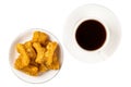 Top view of deep-fried dough stick and black coffee Royalty Free Stock Photo