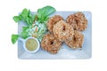 Top view of Deep fried shrimp cake on white plate Thai food, focus selective