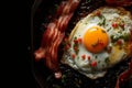 Top view of a delectable fried egg with savory bacon sizzling in a hot pan, ready to be devoured