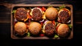 Top View Of Delicious Burger Slices On Wooden Tray