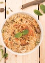 Top view of delicious chicken biryani in a round bowl. Royalty Free Stock Photo