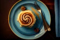 Top view of delicious cinnamon bun on plate as dessert.generative ai