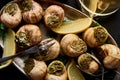 Top view of delicious cooked escargots with lemon slices and cutlery on plate on black wooden table.