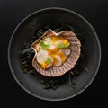 Top view of delicious Coquille Saint-Jacques, in a dark plate Royalty Free Stock Photo