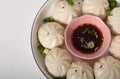Top view of the delicious dim sum dumplings with soy sauce Royalty Free Stock Photo