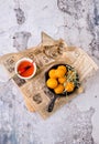 Top view delicious Fried Mac and Cheese, potato balls with Chile spices on gray concrete background. grated mozzarella Royalty Free Stock Photo