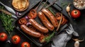 Top view on delicious grilled sausages served with onion, tomatoes, garlic, bread and herbs-enhance Royalty Free Stock Photo