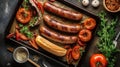 Top view on delicious grilled sausages served with onion, tomatoes, garlic, bread and herbs-enhance Royalty Free Stock Photo