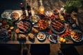 Top view of delicious grilled sausages and vegetables on wooden table, Barbeque cooking outdoor leisure party, top view, AI Royalty Free Stock Photo