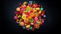 Top view on delicious multicolored candies on black rustic background. Generative AI