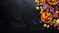 Top view on delicious multicolored candies on black rustic background. Generative AI