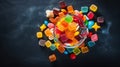 Top view on delicious multicolored candies on black rustic background. Generative AI