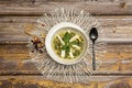 Top view of delicious palak paneer with spinach and good herb with black cuchara and wooden teaspoon Royalty Free Stock Photo