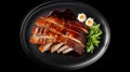 Top view delicious peking duck food plate on a black background