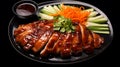 Top view delicious peking duck food plate on a black background