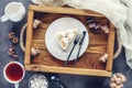 top view of delicious piece of cake with meringue on plate Royalty Free Stock Photo