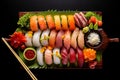 Top view of a delicious plate of assorted sashimi sushi, AI-generated.