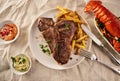 Grilled meat steak with French fries and herbs