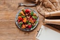 top view of delicious salad with mussels, root vegetables and jamon Royalty Free Stock Photo