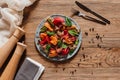 top view of delicious salad with mussels, vegetables and jamon Royalty Free Stock Photo