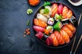 Top view of delicious sashimi poke bowl