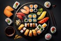 Top view of a delicious variety of sushi rolls, Japanese seafood on a dark table.