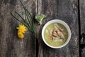 Top view of delicious vegan creamed broccoli soup