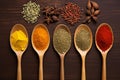 Top view delight Set of spices in spoons, flavorful seasonings