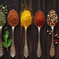 Top view delight Set of spices in spoons, flavorful seasonings