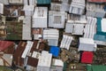 Top view of densely packed rickety houses with flimsy sheet metal roofing. At an impoverished area in the town of Ubay, Bohol.