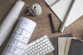 Top View of Designer Desktop, Architect Stuff on Wood Background