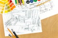 Top view of designerÃâ¬Ãâ¢s work area with drawing tools Royalty Free Stock Photo