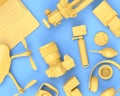 Top view of designer workspace and photography gear on blue table background